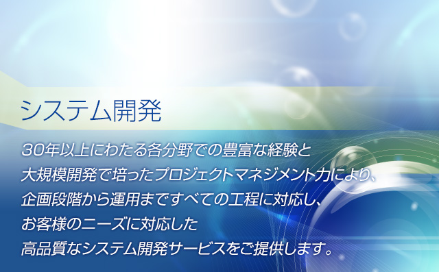 システム開発 30年以上にわたる各分野での豊富な経験と大規模開発で培ったプロジェクトマネジメント力により、企画段階から運用まですべての工程に対応し、お客様のニーズに対応した高品質なシステム開発サービスをご提供します。