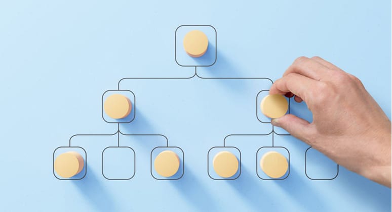 組織図をイメージした木のブロックを並べる手